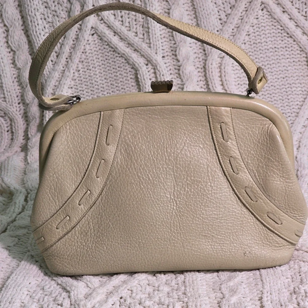 Vintage‎ Kiss Lock Handbag Cream Leather Frame Clutch Purse 50s 60s